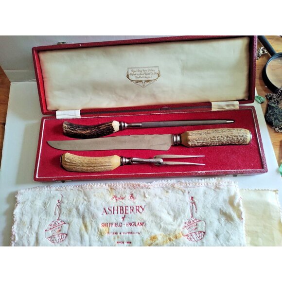 Antique Ashberry of Sheffield Real Stag Horn Carving set by Lewis Rose Co. Ltd. - Picture 9 of 15